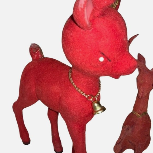 Red Flocked Felt Christmas Reindeer 2 Vintage Deer - Picture 6 of 16